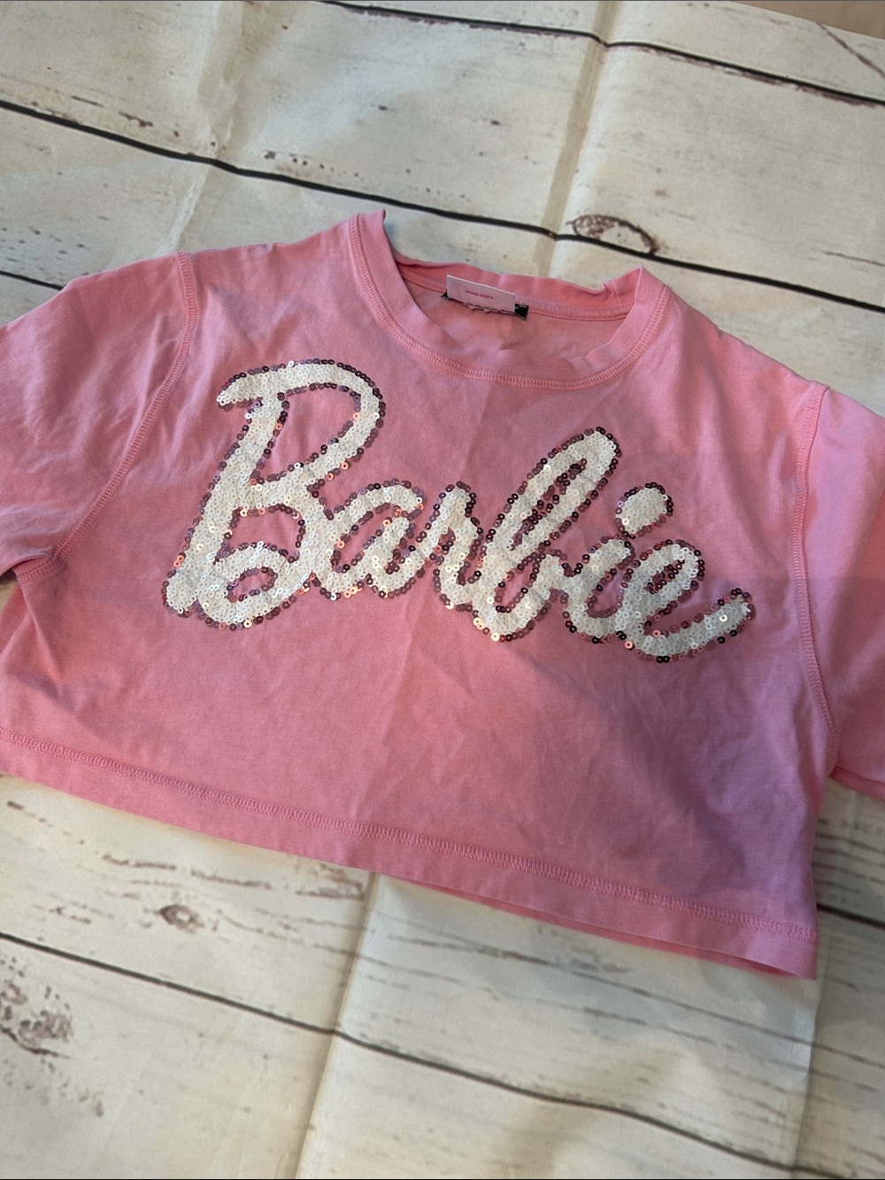 Barbie Sequin Logo Pink Crop Tee